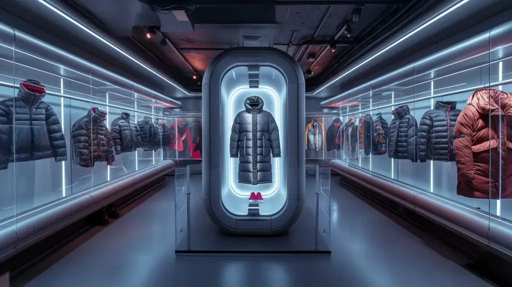 A futuristic showroom displaying various jacket designs in a sleek, neon-lit environment, with a central display case showcasing a high-tech, innovative jacket.