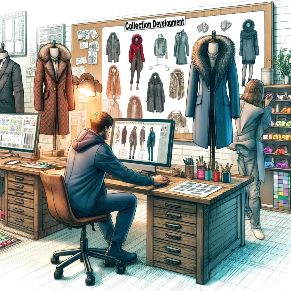 Illustration of designers working on winter coat designs using CAD software in a modern workspace at FERTEK.