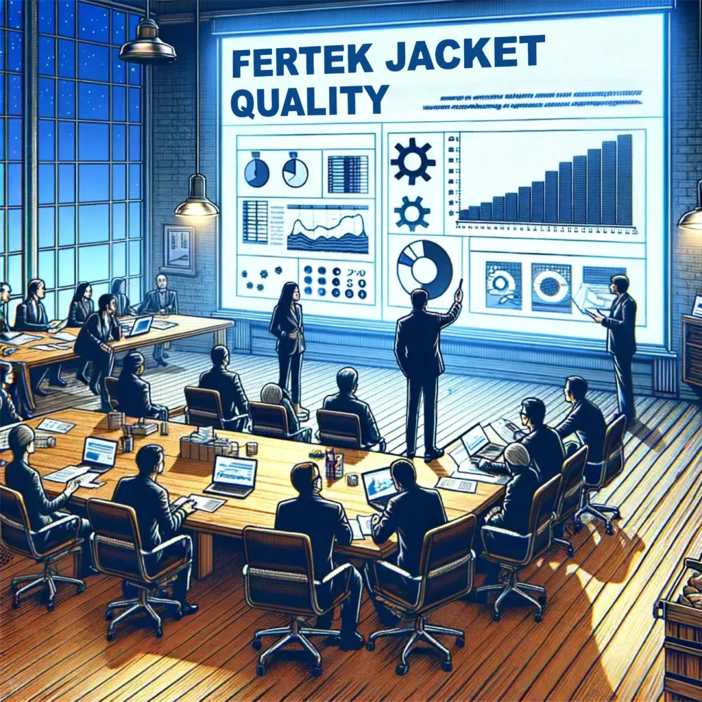 Illustration of a meeting room where a team is reviewing quality reports and status updates for winter coats.