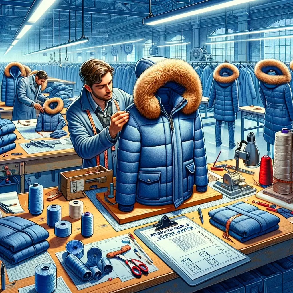 Worker inspecting a winter coat in a quality control area of a production facility.