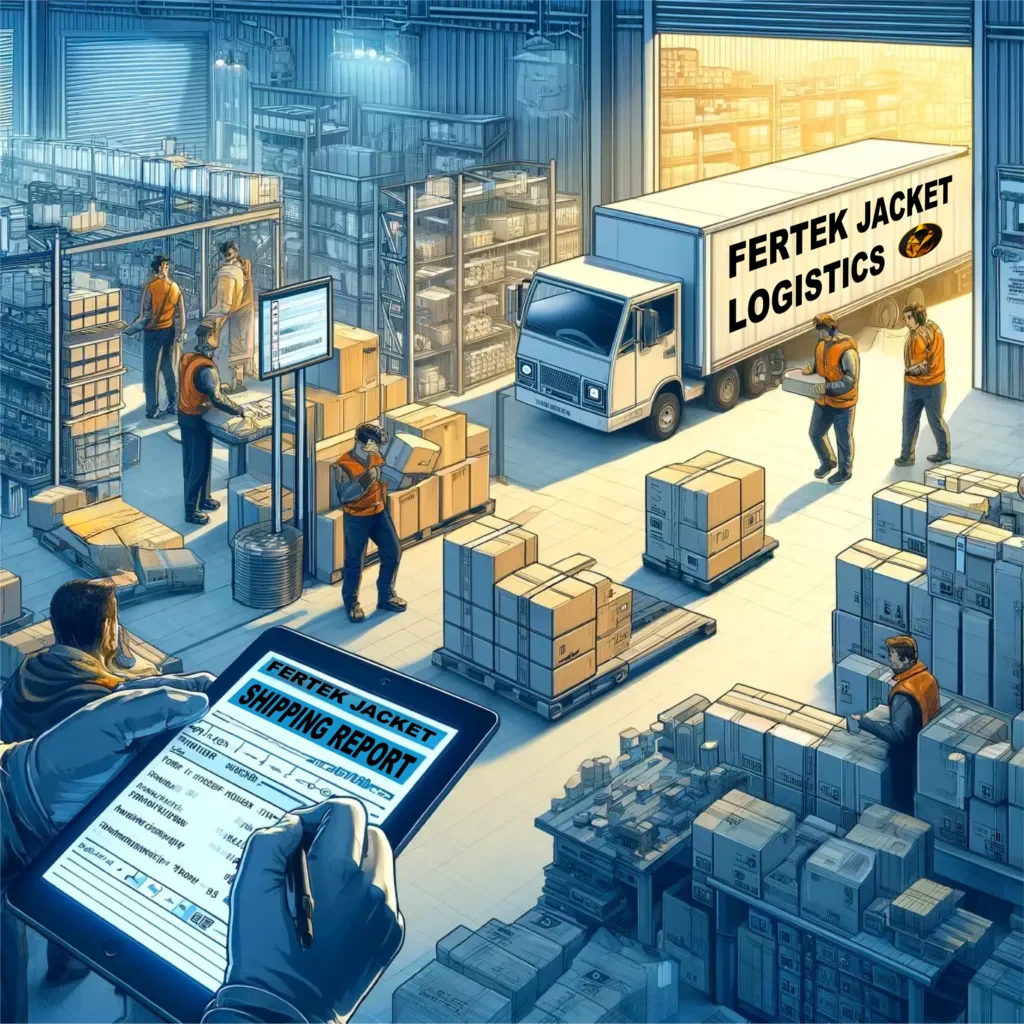 Illustration of a logistics area where workers are preparing packaged winter coats for shipment.