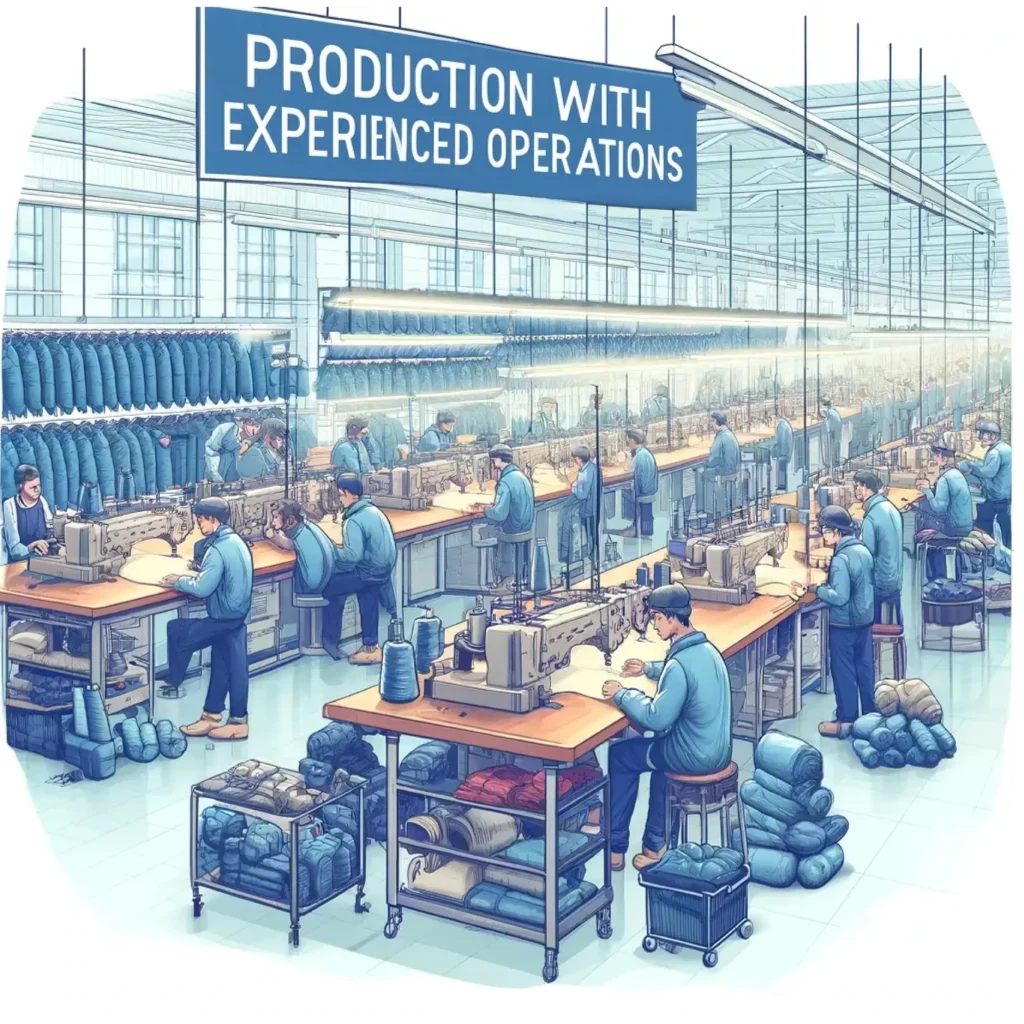 Illustration of a busy production floor with skilled workers sewing and assembling winter coats.