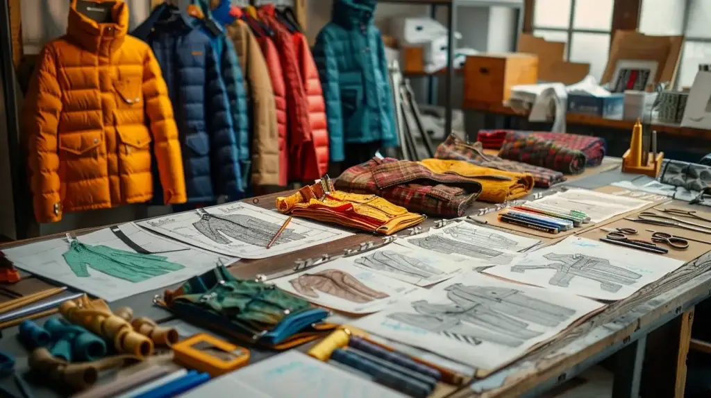 A designer's workspace with various colorful jacket designs, fabric swatches, and sketches scattered across a large wooden table, showcasing the creative process behind Fertek Jacket's design and production consultancy services.