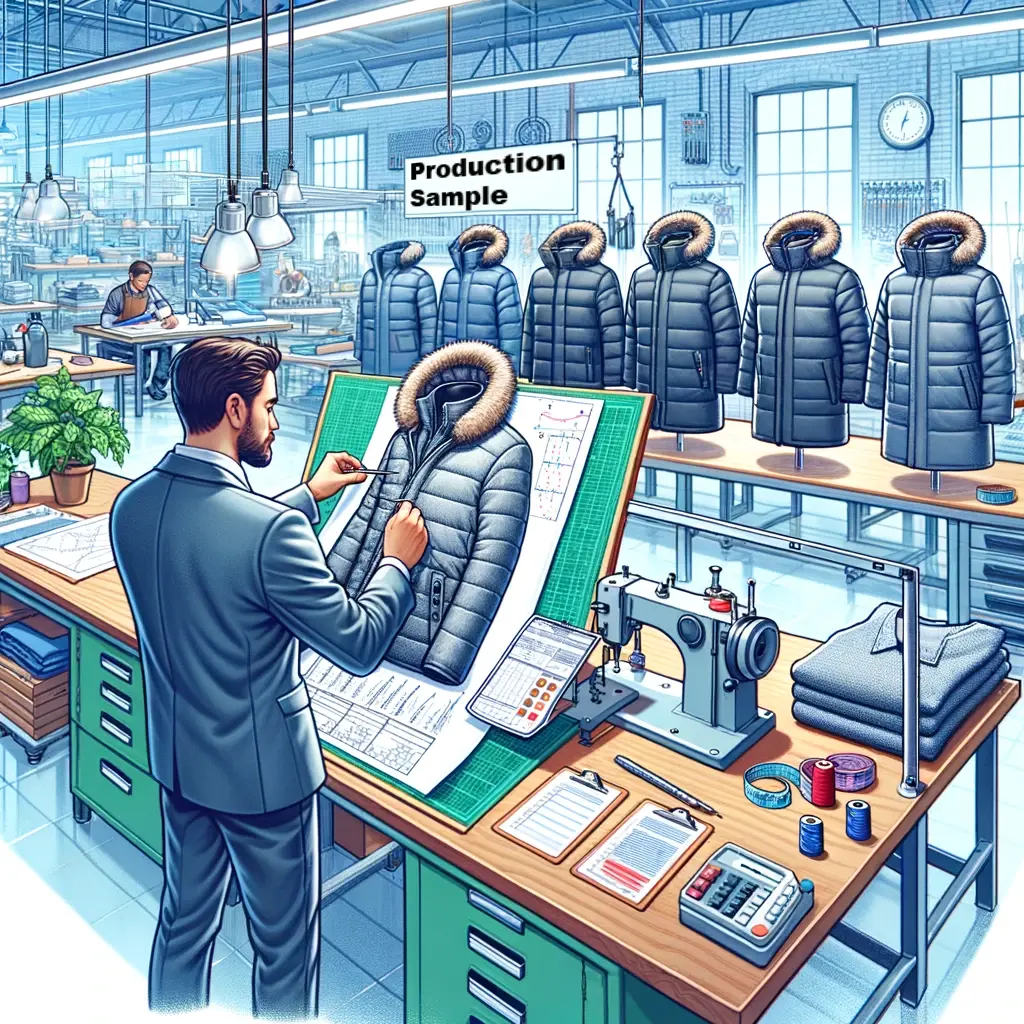 Illustration of a quality control area in a production facility where a quality inspector is examining a winter coat sample.